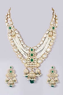 Gold Finish Kundan Polki Layered Long Necklace Set