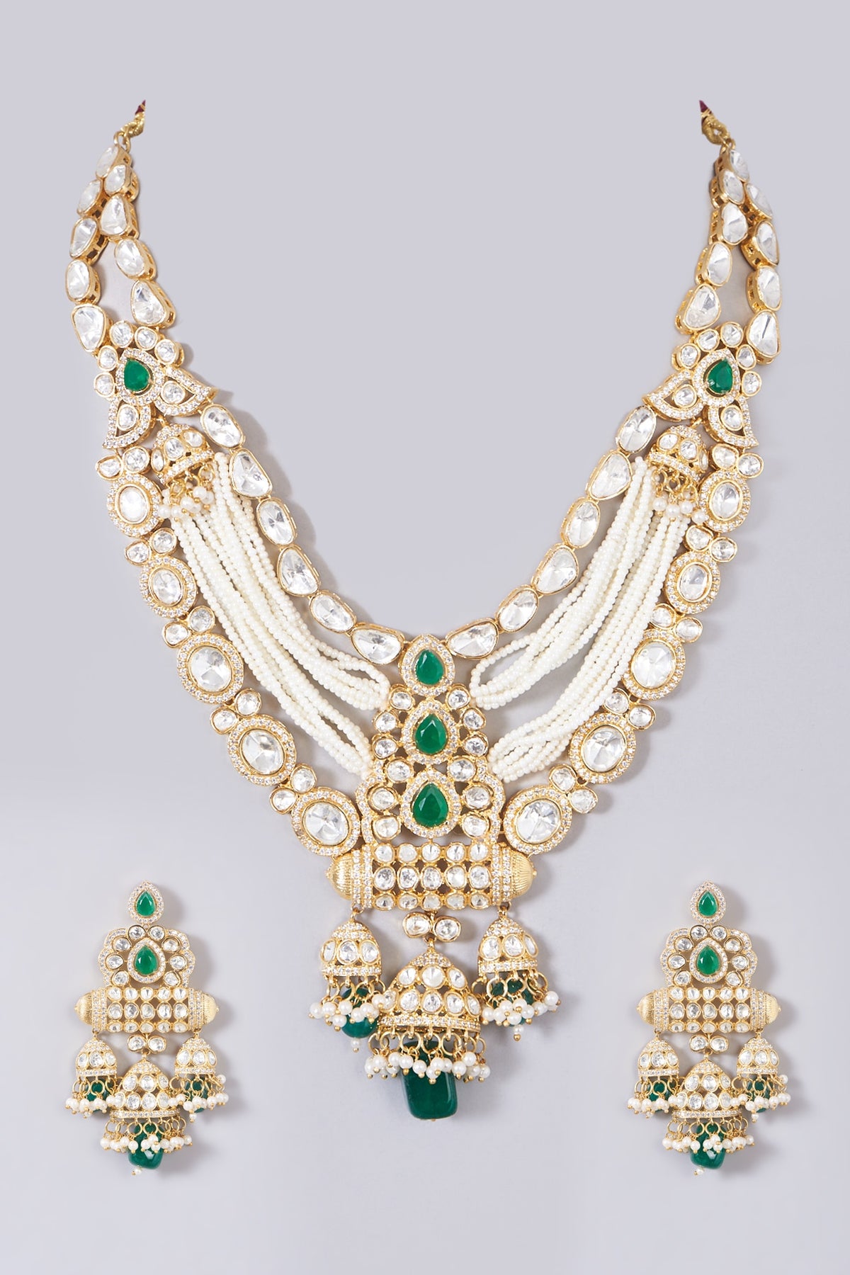Gold Finish Kundan Polki Layered Long Necklace Set
