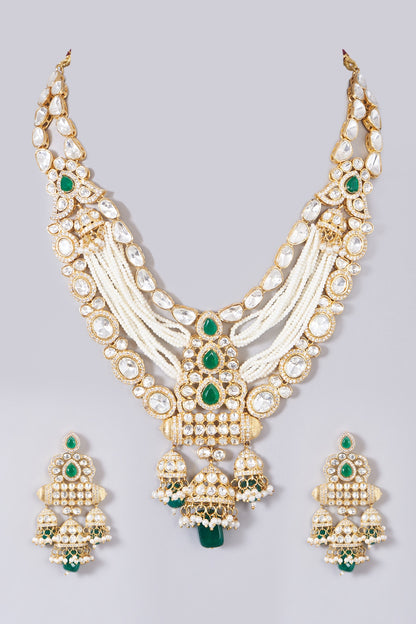 Gold Finish Kundan Polki Layered Long Necklace Set