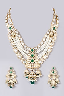 Gold Finish Kundan Polki Layered Long Necklace Set