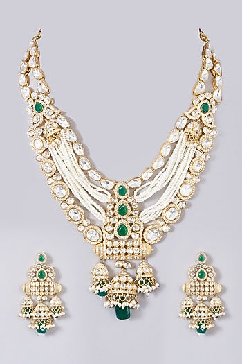 Gold Finish Kundan Polki Layered Long Necklace Set