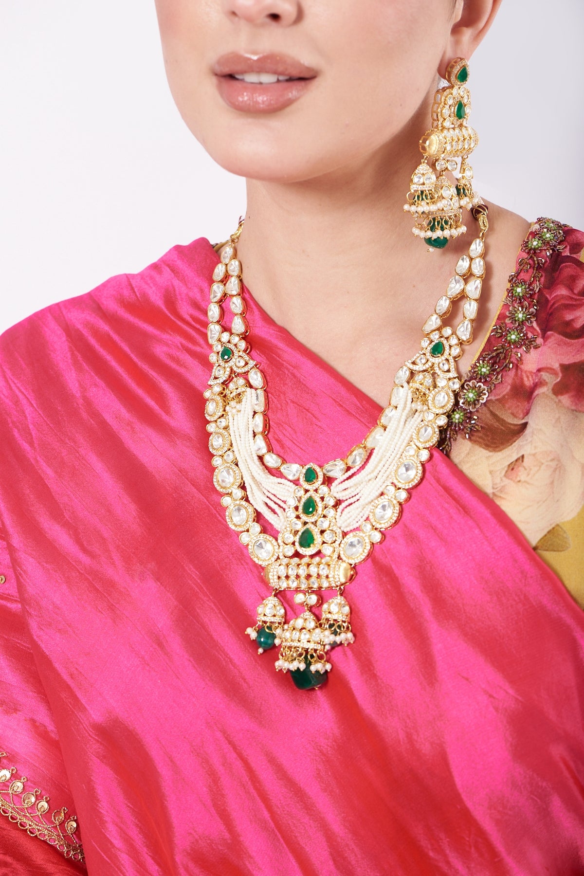 Gold Finish Kundan Polki Layered Long Necklace Set