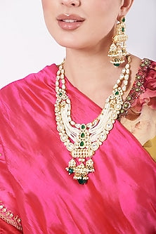 Gold Finish Kundan Polki Layered Long Necklace Set
