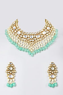Gold Finish Kundan Polk & Sea Green Beaded Choker Necklace Set