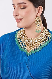 Gold Finish Kundan Polk & Sea Green Beaded Choker Necklace Set