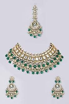 Gold Finish Kundan Polki & Dark Green Beaded Choker Necklace Set