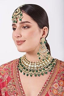 Gold Finish Kundan Polki & Dark Green Beaded Choker Necklace Set