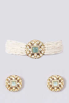 Gold Finish Kundan Polki & Pearl Choker Necklace Set