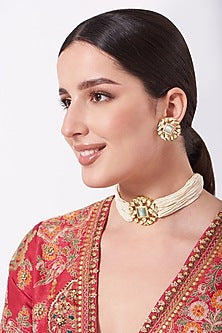 Gold Finish Kundan Polki & Pearl Choker Necklace Set