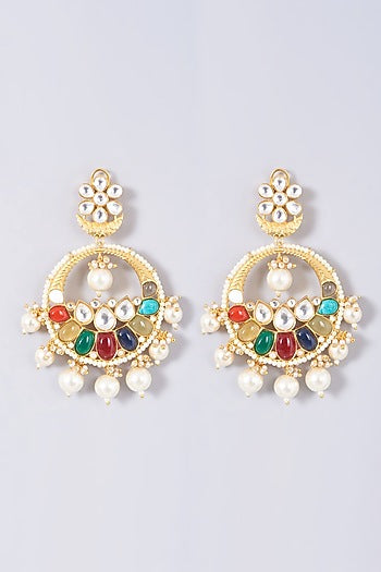 Gold Finish Multi-Colored Synthetic Stone Chandbaali Earrings