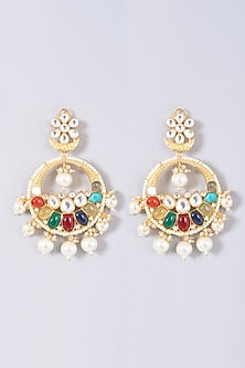 Gold Finish Multi-Colored Synthetic Stone Chandbaali Earrings