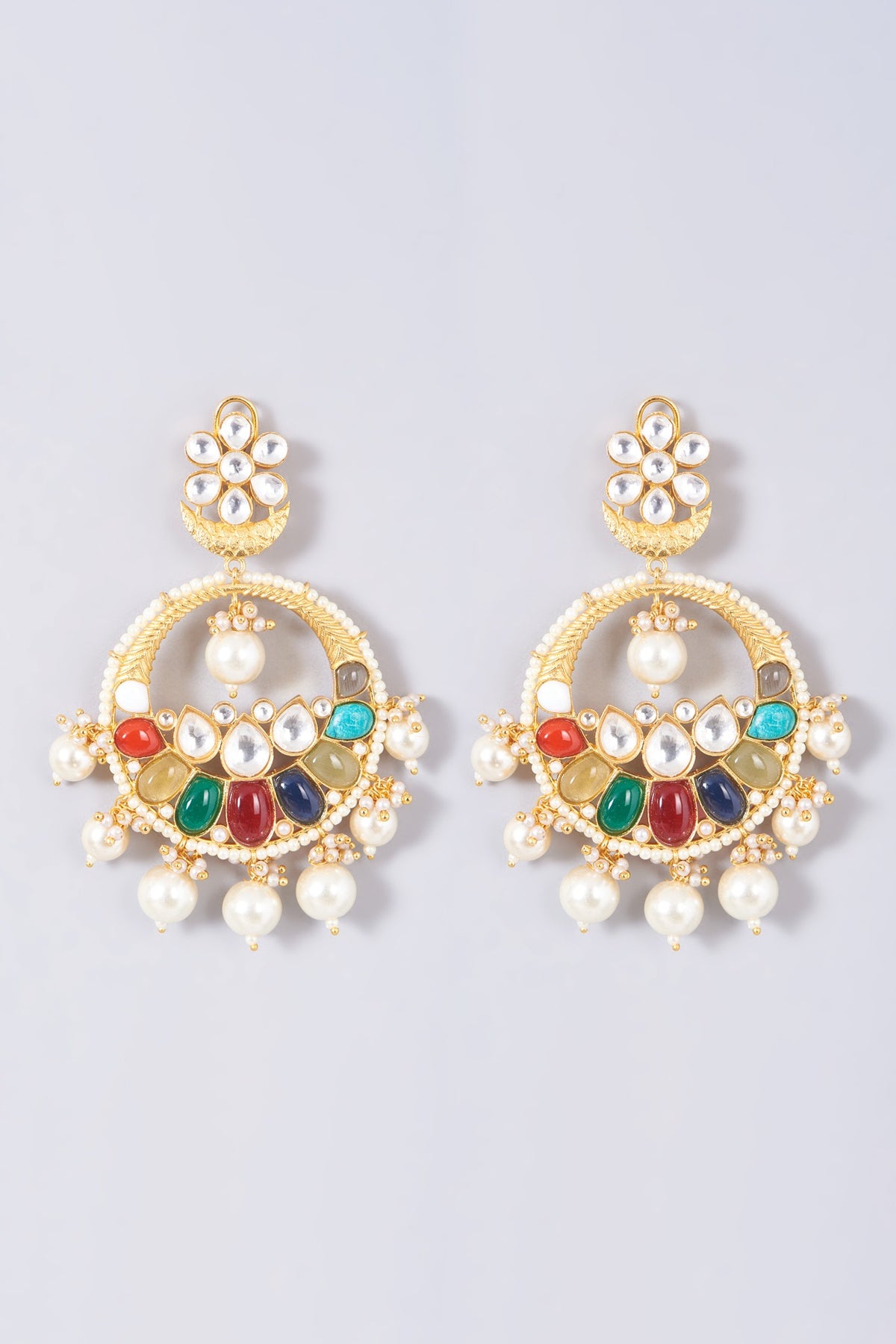 Gold Finish Multi-Colored Synthetic Stone Chandbaali Earrings