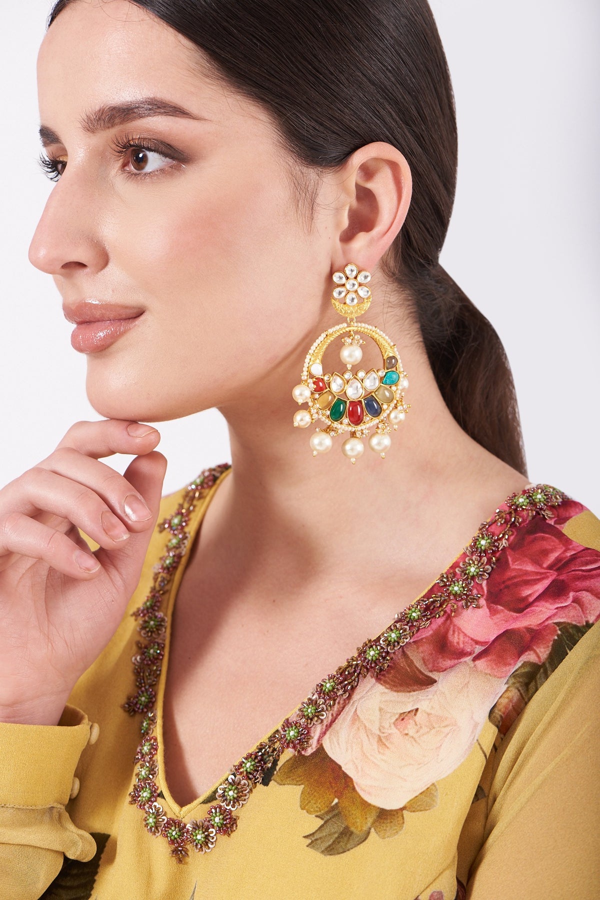 Gold Finish Multi-Colored Synthetic Stone Chandbaali Earrings