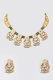Gold Finish Temple Motifs & Green Stone Choker Necklace Set
