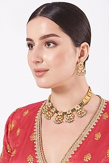 Gold Finish Temple Motifs & Green Stone Choker Necklace Set