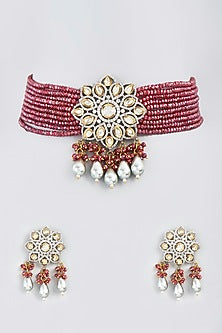 White Finish Kundan Polki & Zircon Beaded Choker Necklace Set
