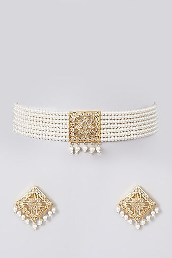Gold Finish Kundan Polki & Pearl Choker Necklace Set