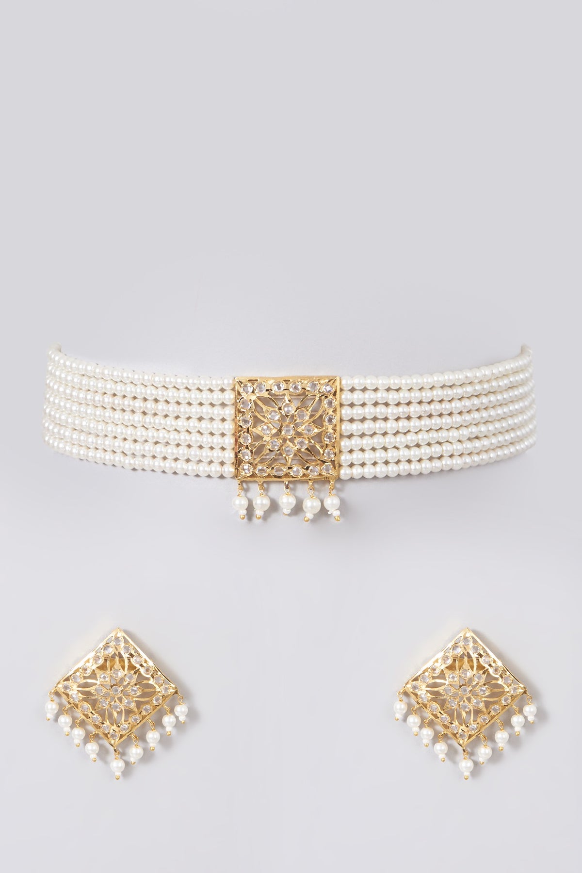 Gold Finish Kundan Polki & Pearl Choker Necklace Set