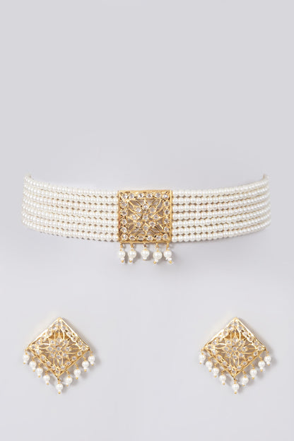 Gold Finish Kundan Polki & Pearl Choker Necklace Set