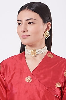 Gold Finish Kundan Polki & Pearl Choker Necklace Set