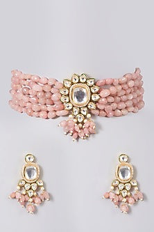 Gold Finish Kundan Polki & Pink Synthetic Stones Choker Necklace Set