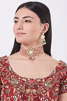 Gold Finish Kundan Polki & Pink Synthetic Stones Choker Necklace Set