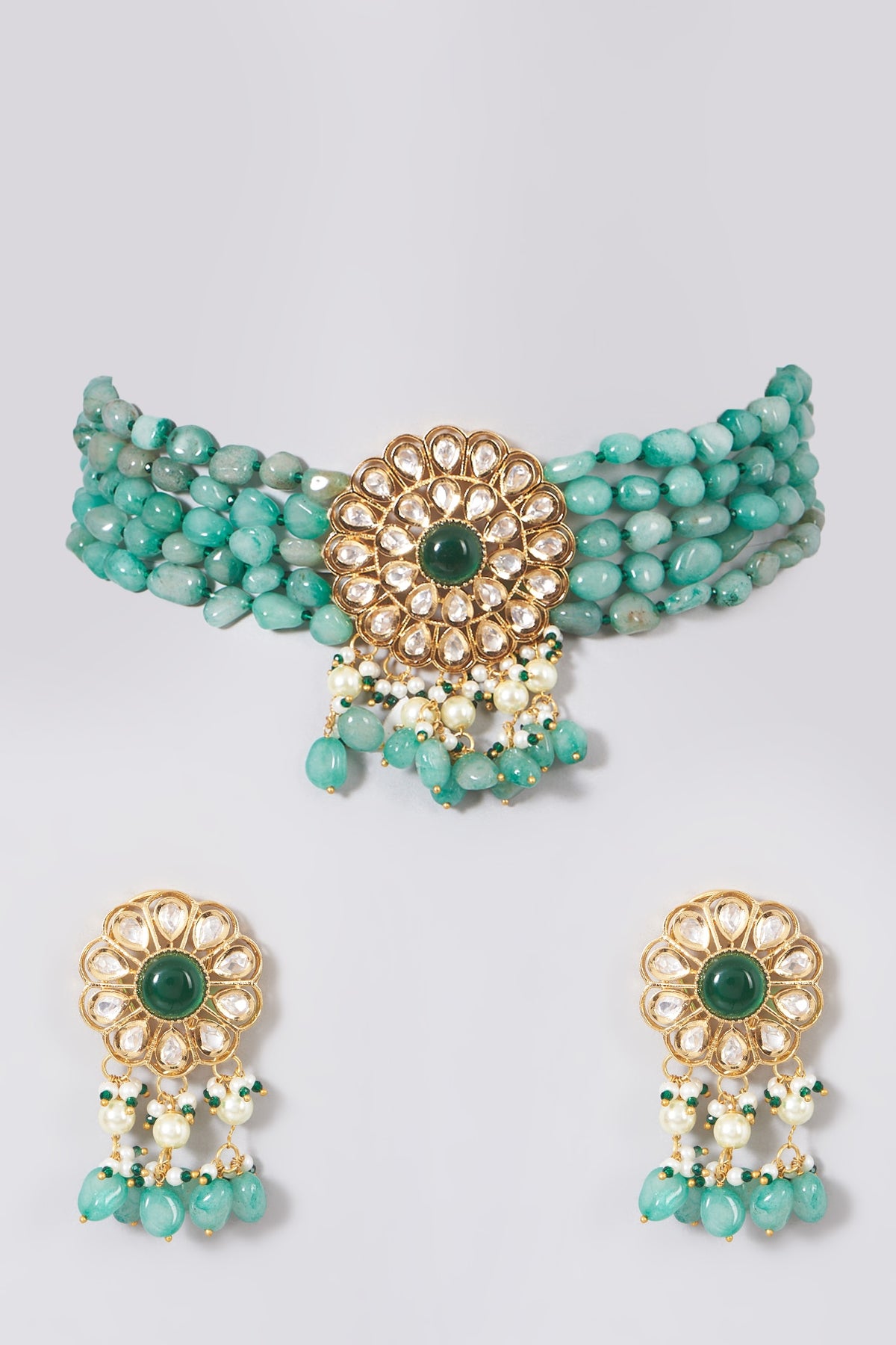 Gold Finish Kundan Polki & Synthetic Stones Necklace Set