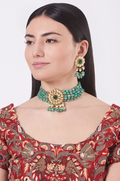 Gold Finish Kundan Polki & Synthetic Stones Necklace Set