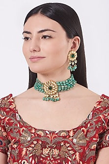 Gold Finish Kundan Polki & Synthetic Stones Necklace Set