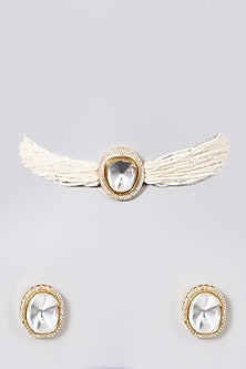Gold Finish Kundan Polki & Pearls Choker Necklace Set