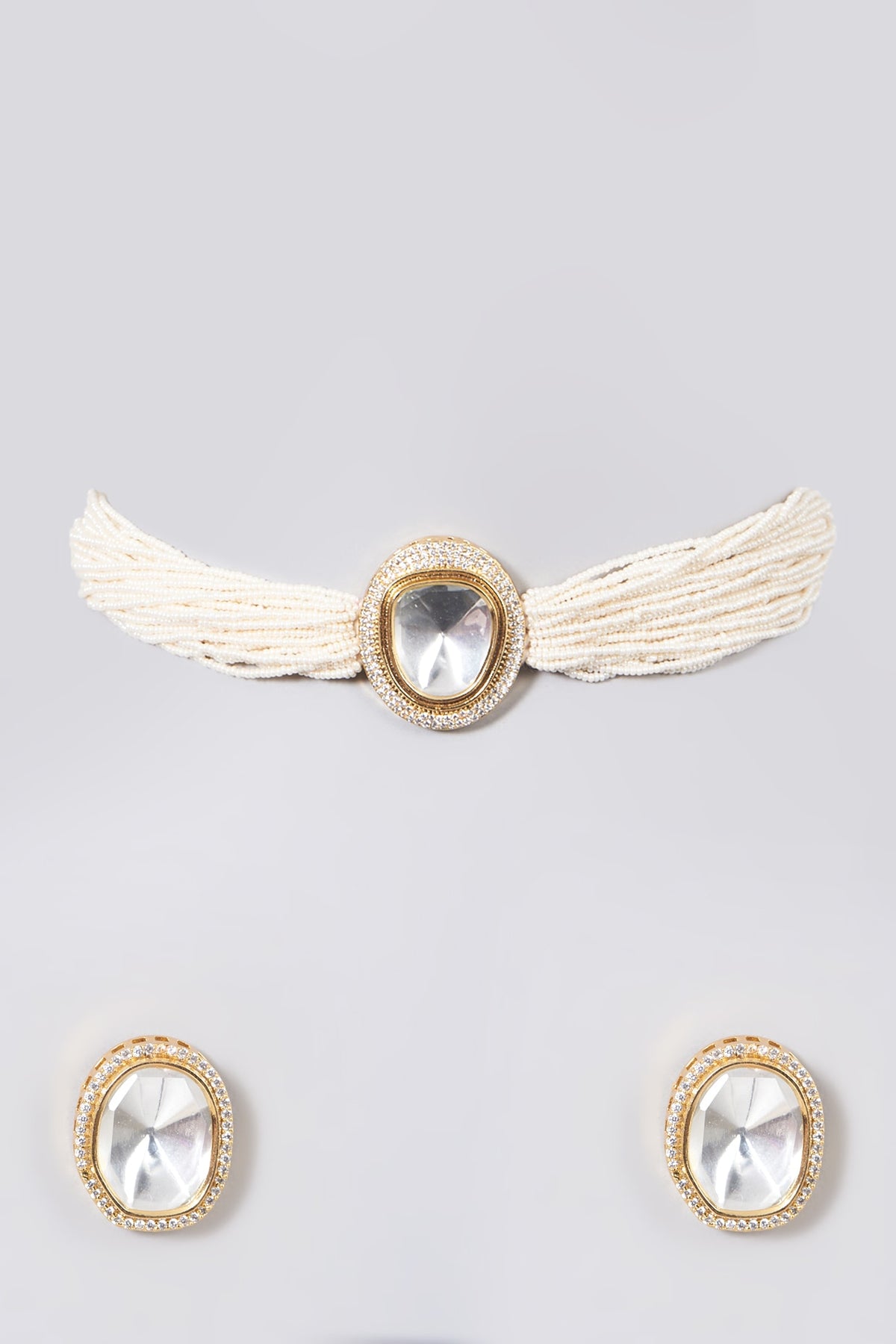 Gold Finish Kundan Polki & Pearls Choker Necklace Set