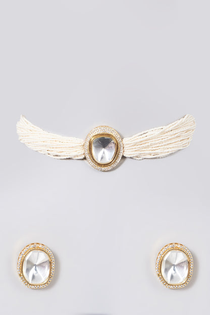 Gold Finish Kundan Polki & Pearls Choker Necklace Set