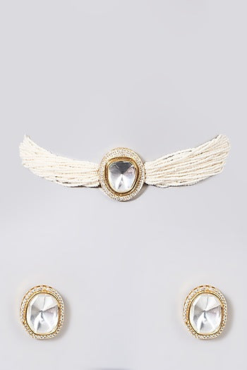 Gold Finish Kundan Polki & Pearls Choker Necklace Set