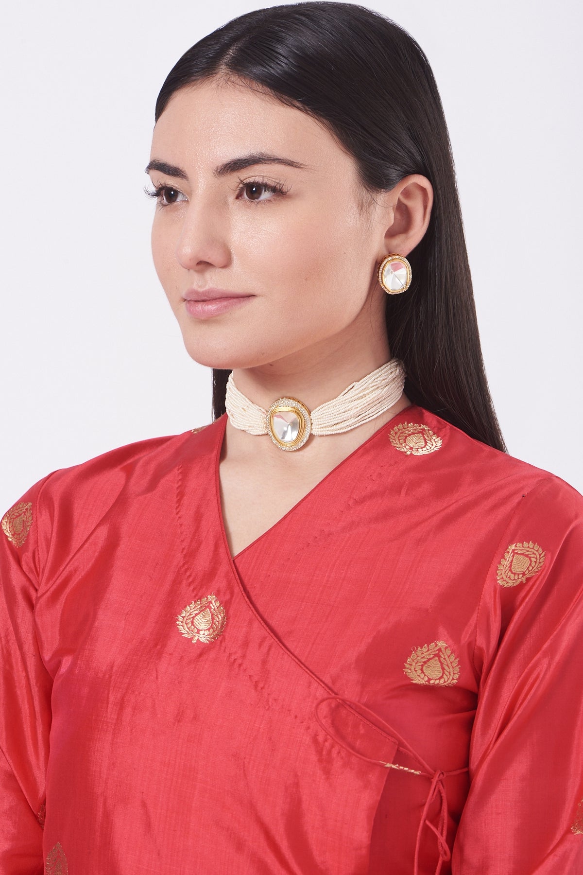 Gold Finish Kundan Polki & Pearls Choker Necklace Set