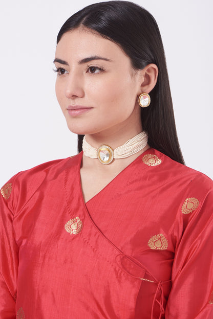 Gold Finish Kundan Polki & Pearls Choker Necklace Set