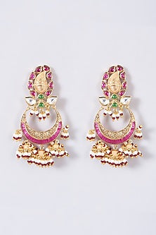 Gold Finish Red Beaded & Stone Dangler Earrings
