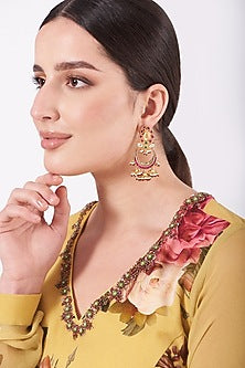 Gold Finish Red Beaded & Stone Dangler Earrings