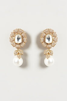 Gold Finish Pearl & Kundan Polki Dangler Earrings