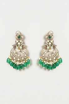 Two Tone Finish Kundan Polki & Green Beaded Dangler Earrings
