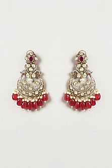 Two Tone Finish Kundan Polki & Red Beaded Dangler Earrings