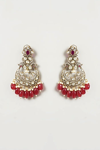 Two Tone Finish Kundan Polki & Red Beaded Dangler Earrings