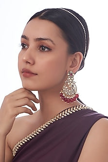 Two Tone Finish Kundan Polki & Red Beaded Dangler Earrings