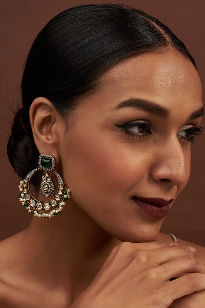 Gold Finish Kundan Polki & Pearl Chandbaali Earrings