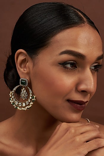 Gold Finish Kundan Polki & Pearl Chandbaali Earrings