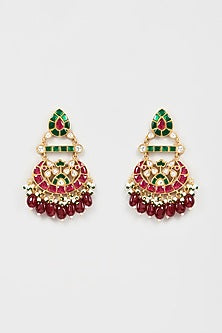 Gold Finish Kundan Polki & Synthetic Ruby Stone Dangler Earrings