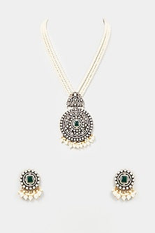 Black Rhodium Finish Pearl Long Necklace Set