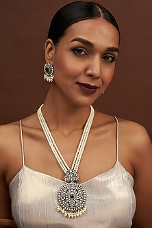 Black Rhodium Finish Pearl Long Necklace Set