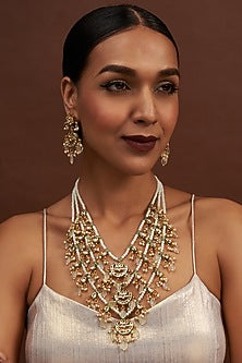 Gold Finish Kundan Polk & Pearl Long Necklace Set