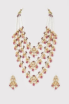 Gold Finish Kundan Polki & Pearl Long Necklace Set