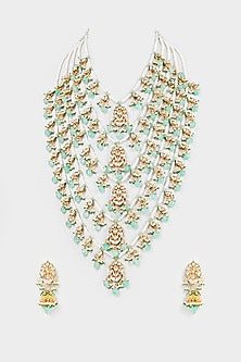 Gold Finish Kundan Polki & Green Stone Long Necklace Set